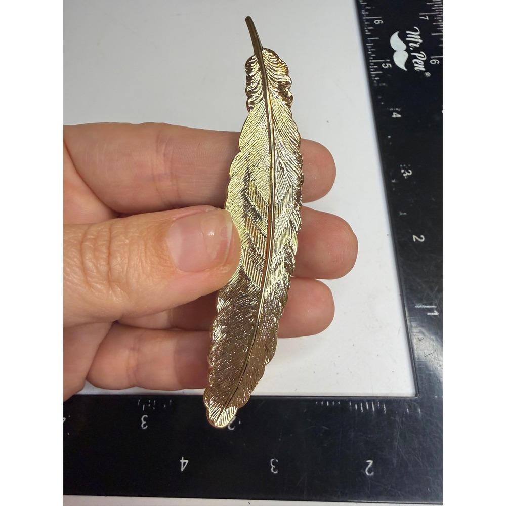 Gold Tone Feather Barrette Hair Clip Metallic Textured Leaf Boho Accessory